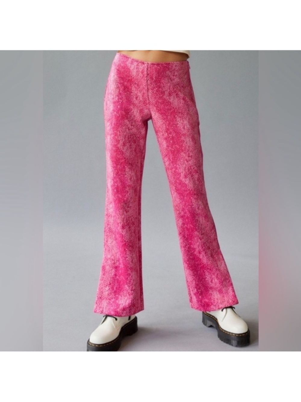 Urban Outfitters pink faux snakeskin flare pants